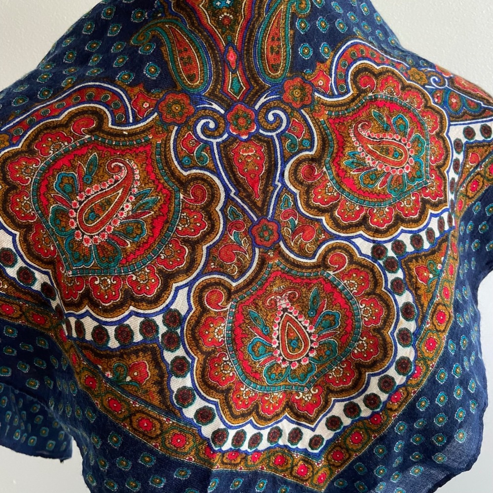 Vintage Navy Blue Paisley Medallion Square Scarf Boho Red Gold Polka Dot Print